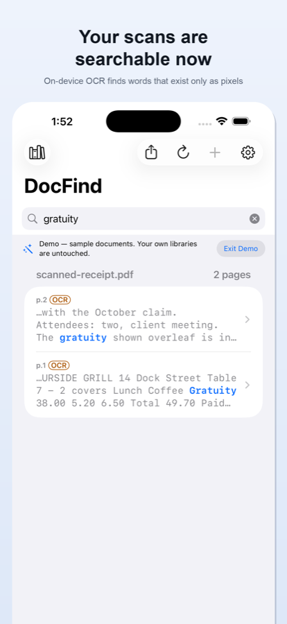 DocFind demo: a search for “gratuity” finds words on a scanned receipt, each match labelled OCR.