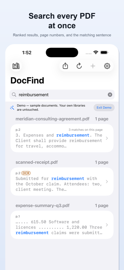DocFind demo: a search for “reimbursement” across three sample PDFs, each result with its page and the surrounding text.