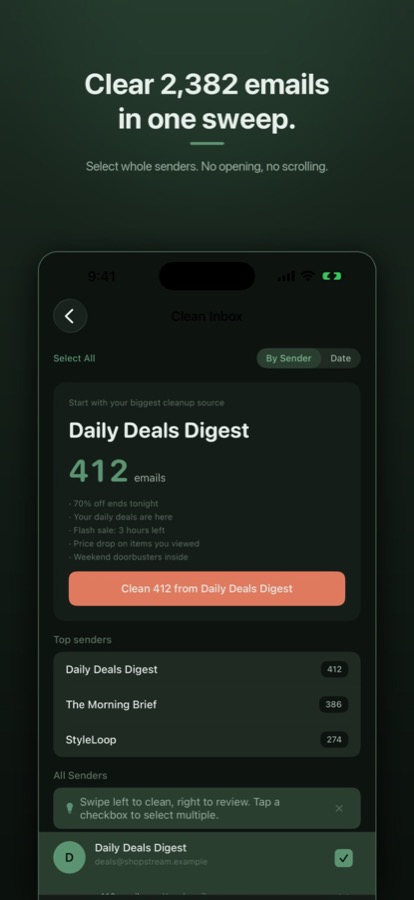 Adinand Email Cleaner with sample data: mail grouped by sender, the biggest sender offered first.