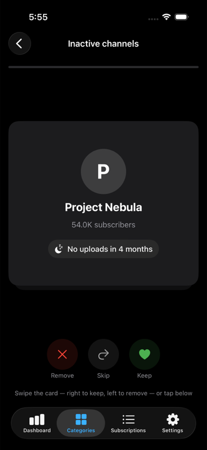 SubSense triage card for an inactive channel, “No uploads in 4 months”, with Remove, Skip and Keep.